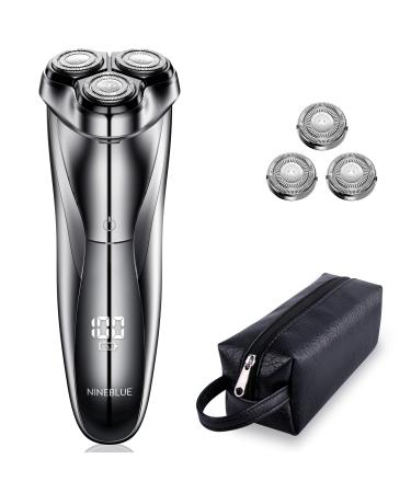 Electric Shaver, Rechargeable Men's Rotary Razor with Pop-up Sideburn Trimmer, Leather Bag and LCD Power Indicator, Fast Charging, Compact Wet and Dry Shaver with bag
