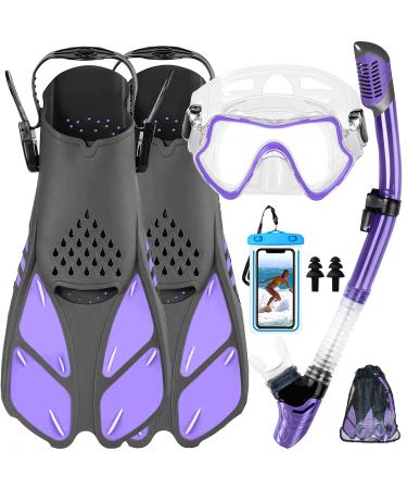 Happyouth 6 in 1 Mask Fin Snorkel Set with Adult Snorkeling Gear, Panoramic View Diving Mask, Trek Fin, Dry Top Snorkel, Travel Bags, Snorkeling Set for Lap Swimming Diving Training Purple S/M(Adult US Size 4.5-8.5)