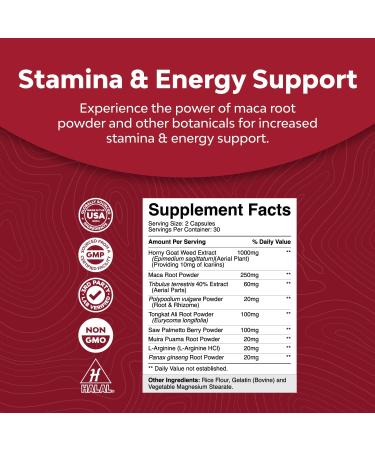 Herbal Goat Weed Extract Complex with Tribulus, Saw Palmetto, L Arginine, Tongkat Ali, and Maca Root - Energy and Stamina Booster for Men and Women - Discreet Packaging - Buy Online on GoSupps.com