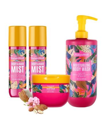 NATURE WELL Cheeky Collection Bundle - Includes 2 8 Fl Oz Hair & Body Mists 1 10oz Body Cream & 1 33oz Body Wash Value Sizes Scent of Vacation Perfect for Women Girls Teens