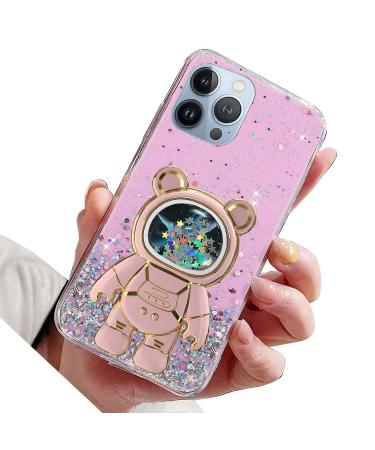 Rnrieyta Magon B r Astronaut Cistress Glitzer for iPhone 15 Pro cute girls thin crystal protective cover Treisand bling transparent case bumper with astronaut holder kickstand pink iPhone 15 per pink