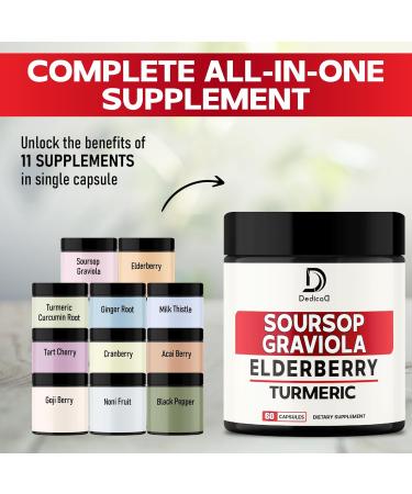 DEDICAD 11in1 Graviola Soursop Capsules - Blended with Elderberry, Turmeric, Ginger, Milk Thistle, Cranberry & More - Support Positive Mood, Immune System & Body Management - Buy Online on GoSupps.com