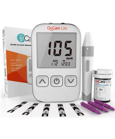 OhCare Lite Blood Sugar Test Kit  Blood Glucose Meter with Strips and Lancets, Lancing Device, Log, and Case - One Touch Eject Glucometer (50 Strips & 50 Lancets)
