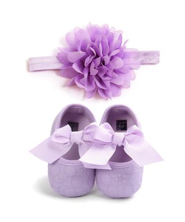 MACHSWON Baby Girls First Walking Shoes Bow-Knot Mary Jane Flats Elastic Band Soft Cotton Anti-Slip Soft-Soled Princess Christening Shoes Infant Girls Outdoor Shoes with Headband 12-18 Months Purple