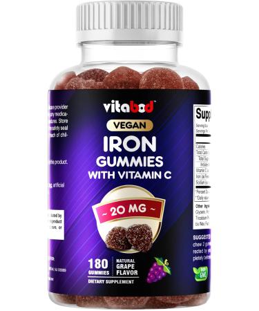 Vitabod Iron Gummies Supplement for Women Men & Kids - 20mg - with Vitamin C - Dietary Supplement for Red Blood Cell Support 180 Pectin Based Gummies