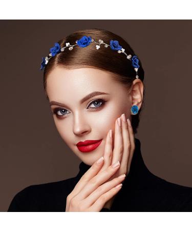OIIKI Crystal Navy Blue Flower Crown Bridal Headband with Earring - Wedding Hairpiece for Women and Girls - Buy Online on GoSupps.com