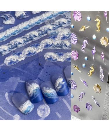 5D Relief Nail Art Stickers Ocean Starfish Jellyfish Summer Sea Waves Decals Tip for Salon DIY Acrylic Nails Design 3Sheets(Beach)
