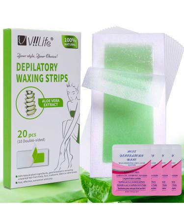 Viilife 20 Wax Strips 10 Pcs Double Sides Hair Removal Strips 7.1 x 5 Inches at Home Waxing Strips Hair Removal with 4 Calming Wipes 1 Count (Pack of 1)