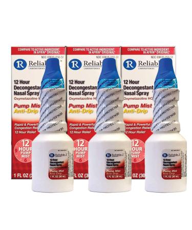 Reliable-1 Laboratories Nasal Spray 12 Hour Relief Nasal Decongestant | Rapid and Powerful Sinus Relief Nose Spray | Pump Mist Anti Drip Congestion Relief | Oxymetazoline HCI | 1 Fl Oz 3-Pack