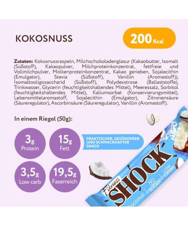 Fitnesshock Protein Bar Set - Low Carb Almost Sugar-Free (1g) Coconut Flavor Fiber-Rich 12x50g - Perfect for Health & Fitness Enthusiasts - Buy Online on GoSupps.com
