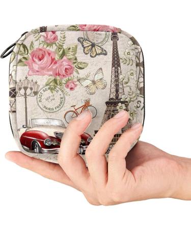 Vintage Paris Menstruation Pad Bag with Zipper | Stylish Women's Napkin & Tampon Storage | Eiffel Tower & Floral Patterns - Buy Online on GoSupps.com