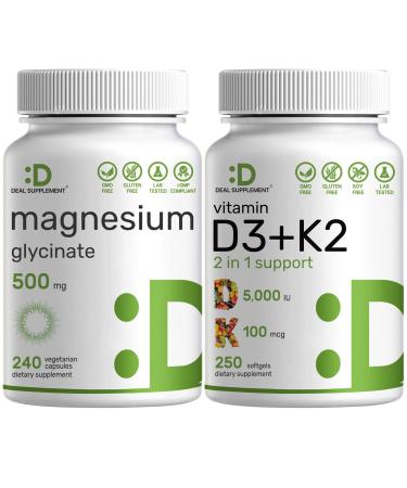 Magnesium Glycinate 500mg Veggie Capsules & Vitamin D3 5 000iu + K2 100mcg Softgels Bundle Easily Absorbed Chelated Mineral D & K Essential Sunshine Vitamins
