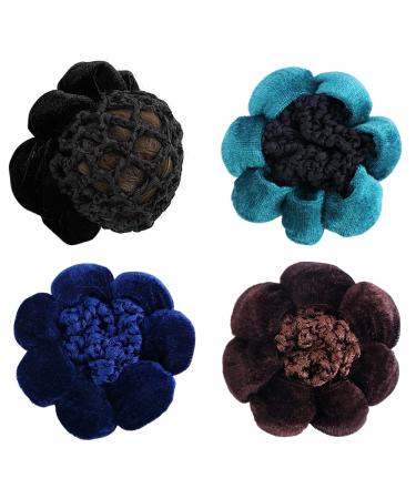 NAIHOD 4 Pcs Hair Bun Cover Net Crochet Elastic Hair Snood Hair Net Knit Mesh Women Elastic Styling Hair Bun Net Flower Hairnet Decor Hair Accessories Professional Hair Bun Snood for Girls Women