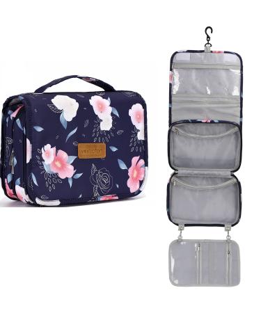 Toiletry Bag for Women, Large Hanging Travel Makeup Bag Water-resistant for Toiletries/Cosmetics/Brushes (Blue Flower)