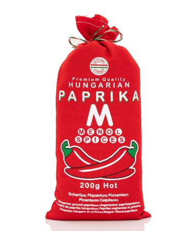 Menol Spices Authentic Hungarian Hot Paprika Powder (Hot, 7oz / 200g) Very Spicy Premium Gourmet Quality, Produced in region of Szeged, Hungary, Vibrant Red, Incredible Flavor, Environmentally friendly packaging 7 Ounces