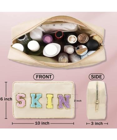 Chenille Letter Nylon Waterproof Makeup Bag for Women - Beige-Skin Travel Organizer Pouch for Toiletries and Cosmetics - Buy Online on GoSupps.com