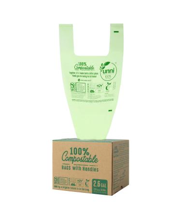 UNNI Compostable Bags with Handles 2.6 Gallon 9.84 Liter 50 Count 0.68 Mil Samll Kitchen Food Scrap Waste Bags T-Shirt Bags ASTM D6400 US BPI & Europe OK Compost Home Certified San Francisco 2.6 Gallon 50 Count (Pack of 1)