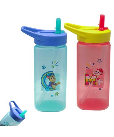 2Pcs Paw Patrol Water Bottles with Printed Chase and Marshall 420ml Reusable Sports Water Bottles 16cm Silicon Straw Sipper Bottles for Kids 6+ Months Square Bottles(chase + Marshall)