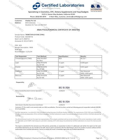 vP Vitality Pro TMG 500mg x 120 Capsules - Third Party Tested Over 99% Purity - Vitality Pro Trimethylglycine Supplement - High Strength TMG Supplement - Buy Online on GoSupps.com