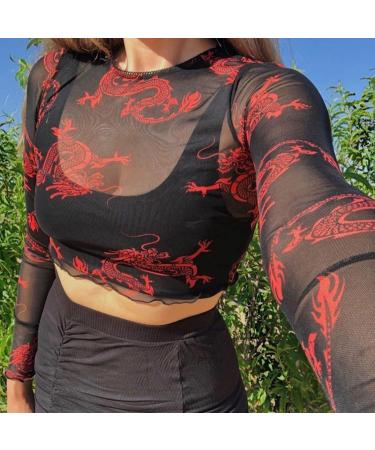 Women's Fashion T-Shirt - Sexy Mesh See-Through Long Sleeve Top with Dragon Print | Autumn Style Pullover | International Shipping Available - Buy Online on GoSupps.com