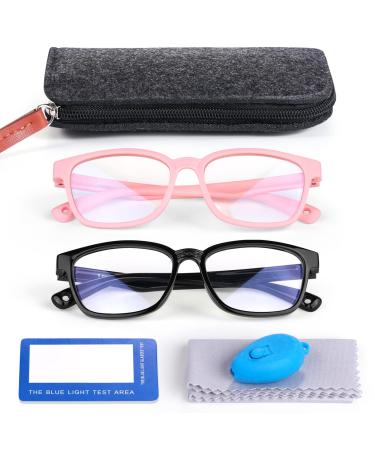 DGege Blue Light Glasses for Kids, 2 Pack UV Protection Glasses for Children Anti Eyestrain Glasses for Age 3-10 Boys Girls Perfect for Virtual Learning or Switch and Xbox Game(Black+Pink) Black/Pink