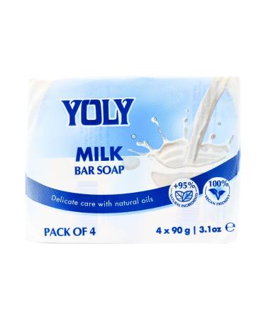 Yoly Milk Bar Soap (90 g Pack of 4) - 95% Natural Vegan-Friendly Moisturizing Soap for Silky Smooth Skin