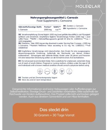  MoleQlar High-dose L-carnosine powder - 30 grams of pure vegan carnosine powder - 1000 mg of L-carnosine per serving - protects against AGEs and ALEs - With measuring spoon - Purity - Buy Online on GoSupps.com