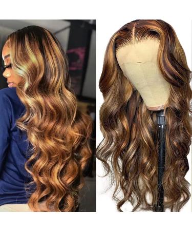 Bele Highlight Brazilian Body Wave 13x6 T-Part Ombre 4/27 Color Lace Front Wigs 150% Denisty Pre-Plucked Deep Part Body Wave Lace Front Wigs Virgin Human Hair with Baby Hair for Women 28 inch 28 inch 13x6 T Part 427BW