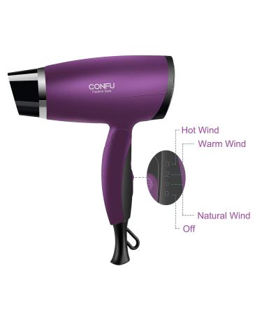 1600W Compact Travel Hair Dryer | Lightweight Quiet Folding Handle | CONFU Ceramic Tourmaline with Diffuser - Purple - Buy Online on GoSupps.com