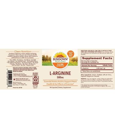 Sundown L-Arginine 500mg - 90 Capsules | Dietary Supplement for Cardiovascular Health - Buy Online on GoSupps.com