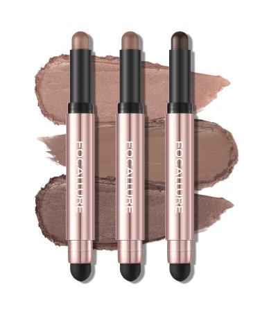 FOCALLURE 3 Pcs No Crease Eyeshadow Sticks Shimmer & Matte Eye Shadow Crayon Set with Blending Sponge Brush Smooth Texture Cream Eye Highlighter Pen Long Lasting Waterproof Eyeshadow Brightener Stick Makeup Summer Mornin...