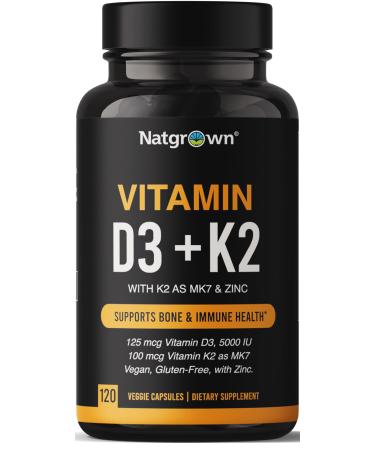 Natgrown Vitamin D3 + K2 w/Zinc - Vegan Vitamin D 5000 IU & Mk7 100mcg for Bone and Immune Support Supplement - Plant Based D3 K2 with Superfood Blend Gluten-Free - 120 Capsules