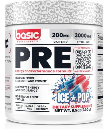 Basic Pre-Workout with 200mg Caffeine and 3000mg Citrulline for Energy Focus and Strength Support No Beta-Alanine Tingles Vegan Gluten-Free Sugar-Free