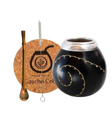 Gaucho Cebar Set for Yerba Mate Tea with natural calves |Pumpkin cup and stainless steel drinking straw bombilla |Straw for Yerba Mate Tea |Brush and cork pad