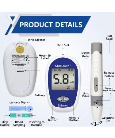 GlucoLeader Enhance Blood Sugar Monitor: 800 Memory Diabetes Testing Kit with 10 Test Strips, Lancets, and Diabetic Socks CE & ISO Certified (UK, mmol/L) - Buy Online on GoSupps.com