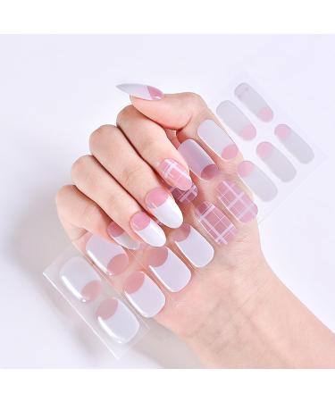 Semi Cured Gel Nails Strips Nail Wraps Soft Self-Adhesive Gel Nail Stickers - Long Lasting Gel Nail Strips for Nails French Tip Manicure Nail Wraps UV/LED Lamp Required French Chequer