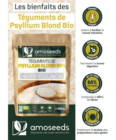 Organic Blond Psyllium 1kg | Pure Integuments 99% | 88% Fiber Transit Gluten Free | Superior Quality  - Buy Online on GoSupps.com