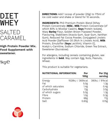 PhD Nutrition Diet Whey Salted Caramel Protein Powder - Low Calorie & Low Carb Formula with High Protein 40 Servings - 1kg Bag - Buy Online on GoSupps.com