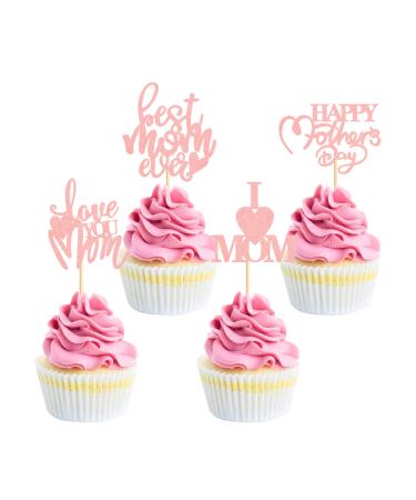 Blumomon 24Pcs Happy Mothers Day Cupcake Toppers Pink Glitter Mum's Day Love Mum Cake Toppers Rose Best Mom Cupcake Picks for Mother's Day Party Decorations Style 5