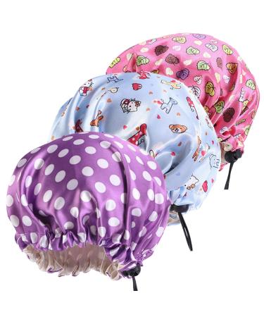 Kids Silky Satin Bonnet Double Layer Adjustable Flower Sleep Cap Girl Night Turban Children Solid Headwear Cute Hat 3pcs Style