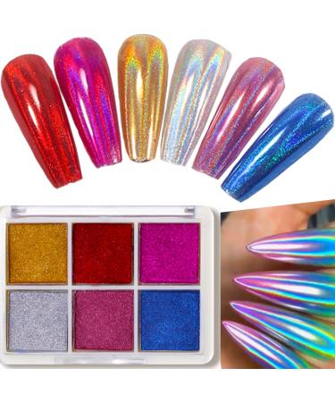 Holographic Holo Chrome Nail Powder - 6 Colours Solid Chrome Pigment Powder for Nails Silver Green Red Yellow Blue Metallic Iridescent Nail Glitters Powder Set DIY Nail Manicure
