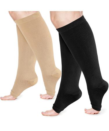 2Pairs Plus Size Compression Socks for Women Wide Calf Open Toe Medical Compression Stockings Support Knee High Calf 15-25mmHg Flight Compression Socks (XXL Black/Beige)