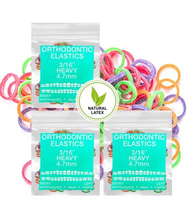 Natural Latex Neon 3 Packs 300 counts 3/16inch Heavy Intraoral Elastic Bands Orthodontic Elastics Dental Rubber Bands Made in US Heavy 6.5 Oz 3/16'' (4.7mm) Heavy 6.5 Oz 3/16'' (4.7mm)