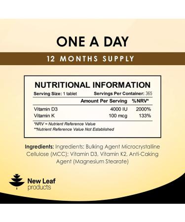Vitamin D3 K2 - 4000iu & 100ug (MK7) 1 Year Supply for Immunity & Bone Health | Non-GMO Vegetarian Tablets | UK Made by New Leaf 365 - Buy Online on GoSupps.com