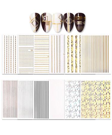 JAKSSO 12 Sheets 3D Metallic Nail Stickers for Women Gold Silver Nail Decals Chains Stripe Lines Adhesive Nail Art Stickers for Acrylic Nails Manicure DIY and Nail Salon 1-Line Pattern