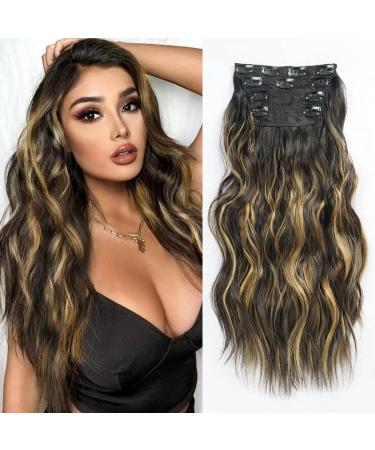 Ombre Clip in Hair Extensions Highlight balayage brown Hair Extensions Dark Roots Hairpieces for Women Long Wavy Hair Extensions (Chocolate Brown to Caramel Blonde 20Inch) 20 Inch R4/68H268A