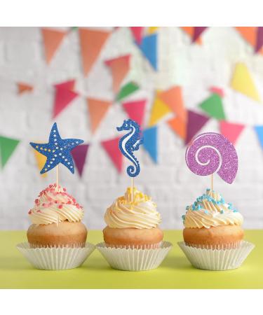 Kaakswa 24 Pcs Ocean Sea Anima Theme Cupcake Topper Glittery Seahors Starfish Cupcake Toppers Set for Under The Sea Birthday Party Blue&purple - Buy Online on GoSupps.com