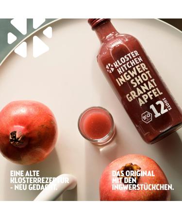 Kloster Kitchen Organic Ginger Shot Pomegranate 12SHOTS 360 ml with ginger pieces I vegan I glass bottle I mild-spicy without additives & (incl. 0.25 non-returnable deposit) - Buy Online on GoSupps.com