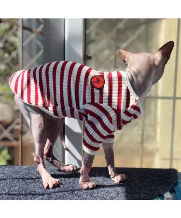 Breathable Summer T-Shirts for Hairless Cats | Soft Cotton Stripes Vest & Pajama Jumpsuit for Sphynx Cornish Rex Devon Rex - Red (M: 5.5-6.6lbs) - Buy Online on GoSupps.com