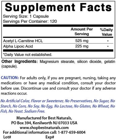 Best Naturals Acetyl L-Carnitine and Alpha Lipoic Acid 750mg 120 Capsules - Pack of 2 - Buy Online on GoSupps.com